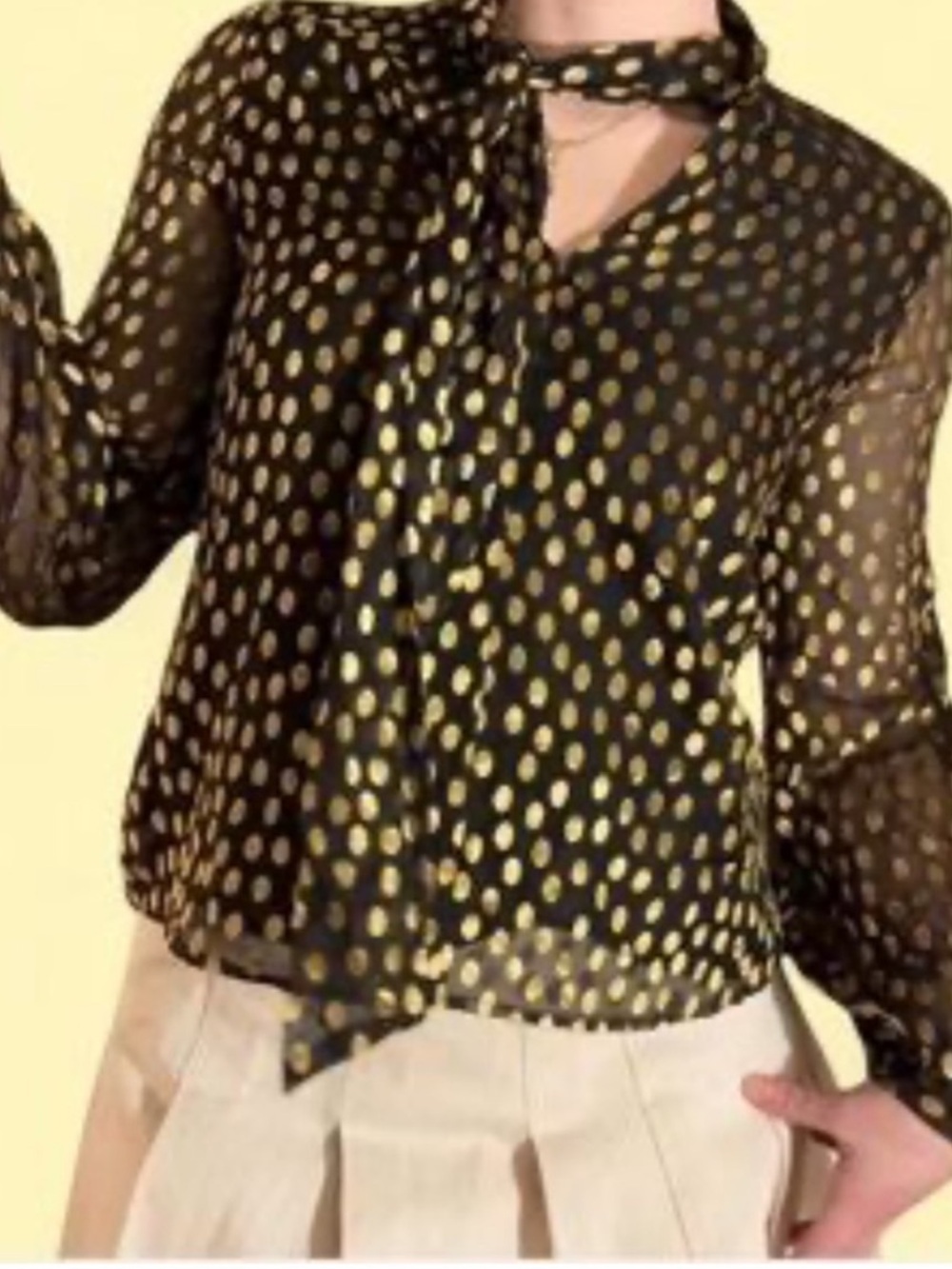 Express | Black and metallic gold polka dots tie cuff long sleeve blouse medium